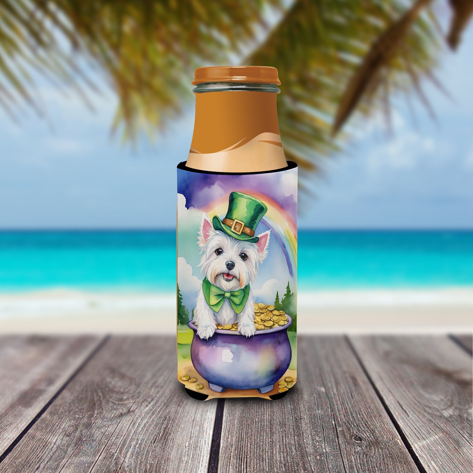 Westie St Patrick's Day Slim Can Hugger , Insulated Foam Hugger for 12 oz Slim Cans, Beer Bottles & Water Bottles, Printed in USA