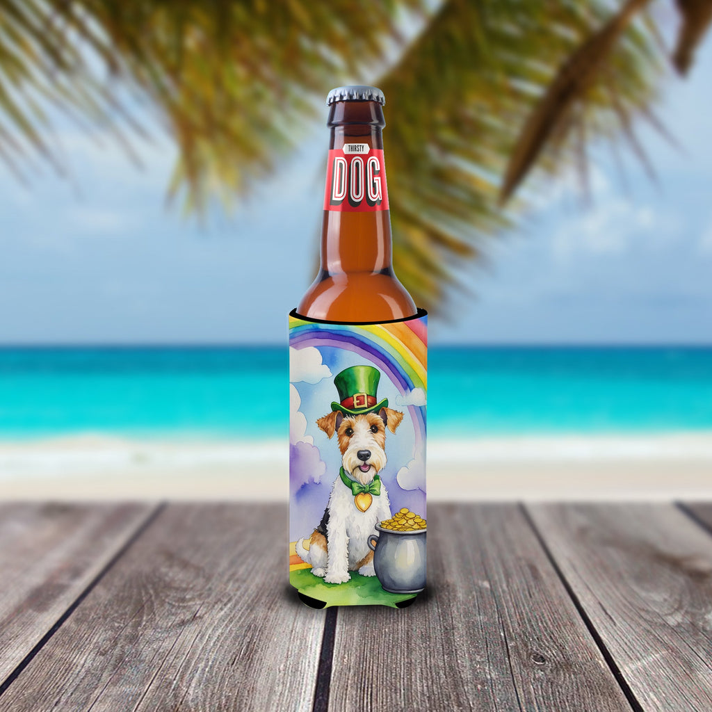 Fox Terrier St Patrick's Day Slim Can Hugger , Insulated Foam Hugger for 12 oz Slim Cans, Beer Bottles & Water Bottles, Printed in USA
