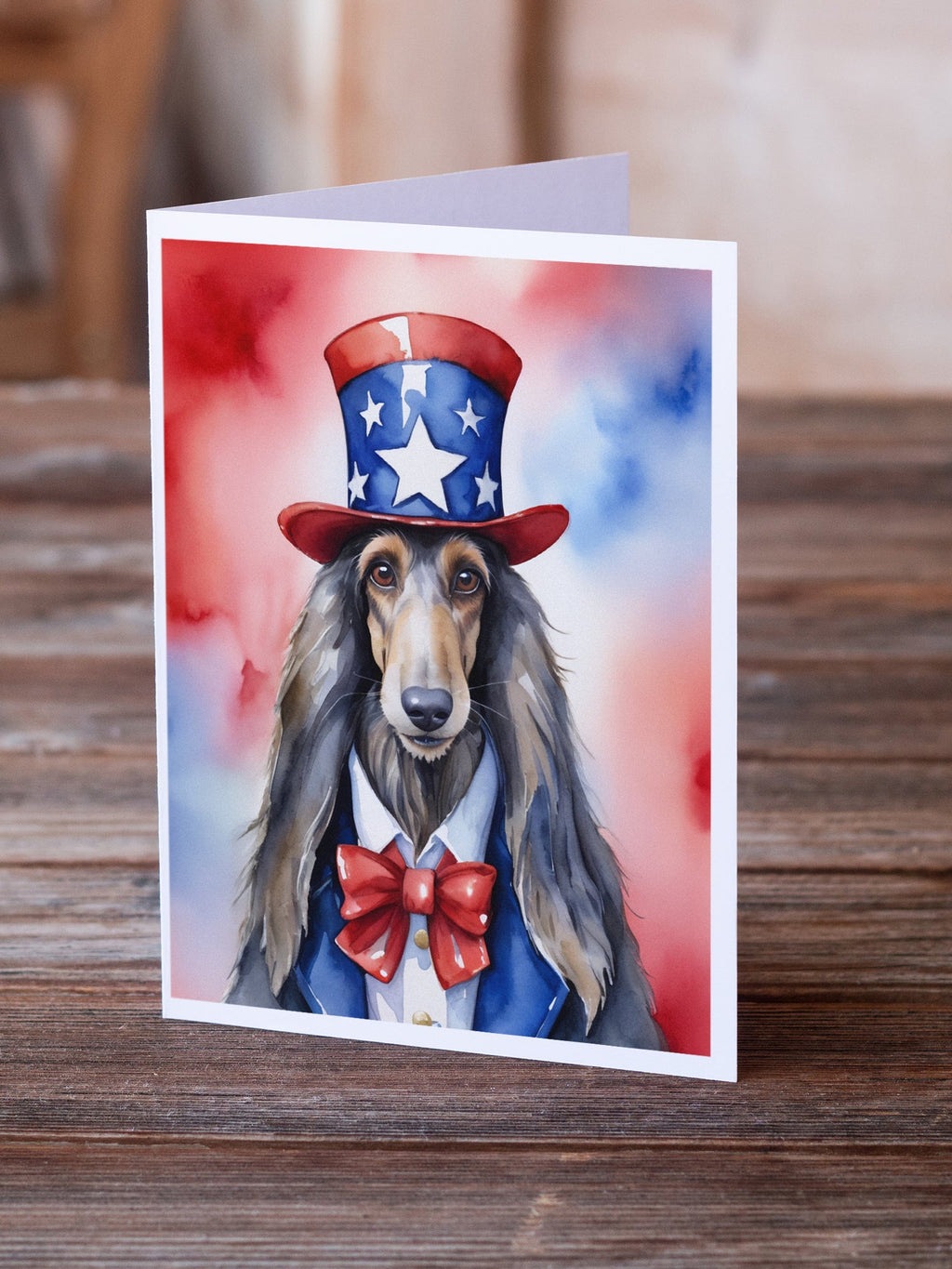 Afghan Hound Patriotic American Greeting Cards Pack of 8 Blank Cards with Envelopes Whimsical A7 Size 5x7