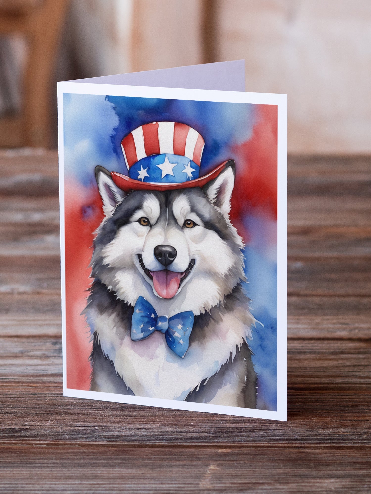 Alaskan Malamute Patriotic American Greeting Cards Pack of 8 Blank Cards with Envelopes Whimsical A7 Size 5x7