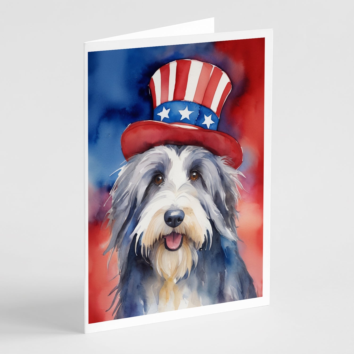 Bearded Collie Patriotic American Greeting Cards Pack of 8 Blank Cards with Envelopes Whimsical A7 Size 5x7