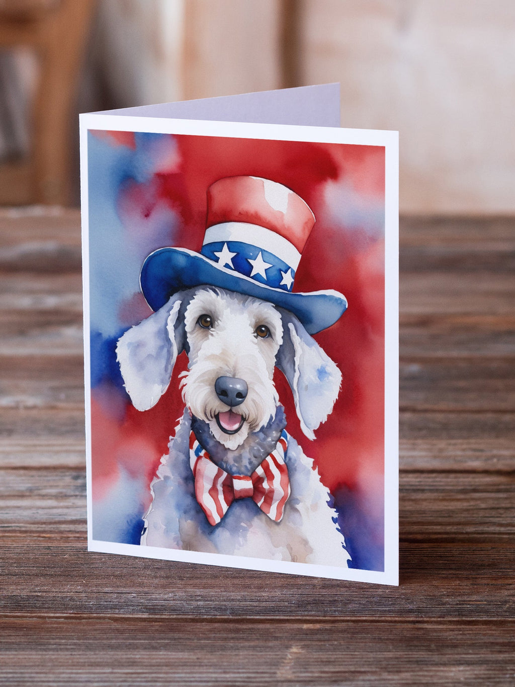 Bedlington Terrier Patriotic American Greeting Cards Pack of 8 Blank Cards with Envelopes Whimsical A7 Size 5x7
