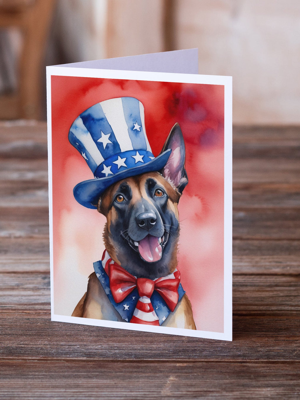 Belgian Malinois Patriotic American Greeting Cards Pack of 8 Blank Cards with Envelopes Whimsical A7 Size 5x7