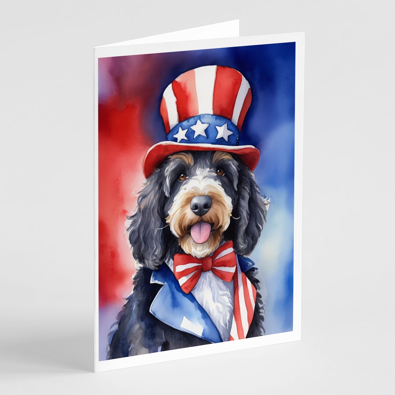 Bernedoodle Patriotic American Greeting Cards Pack of 8 Blank Cards with Envelopes Whimsical A7 Size 5x7