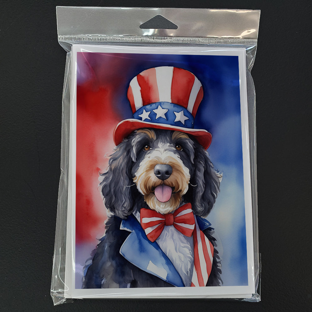 Bernedoodle Patriotic American Greeting Cards Pack of 8 Blank Cards with Envelopes Whimsical A7 Size 5x7