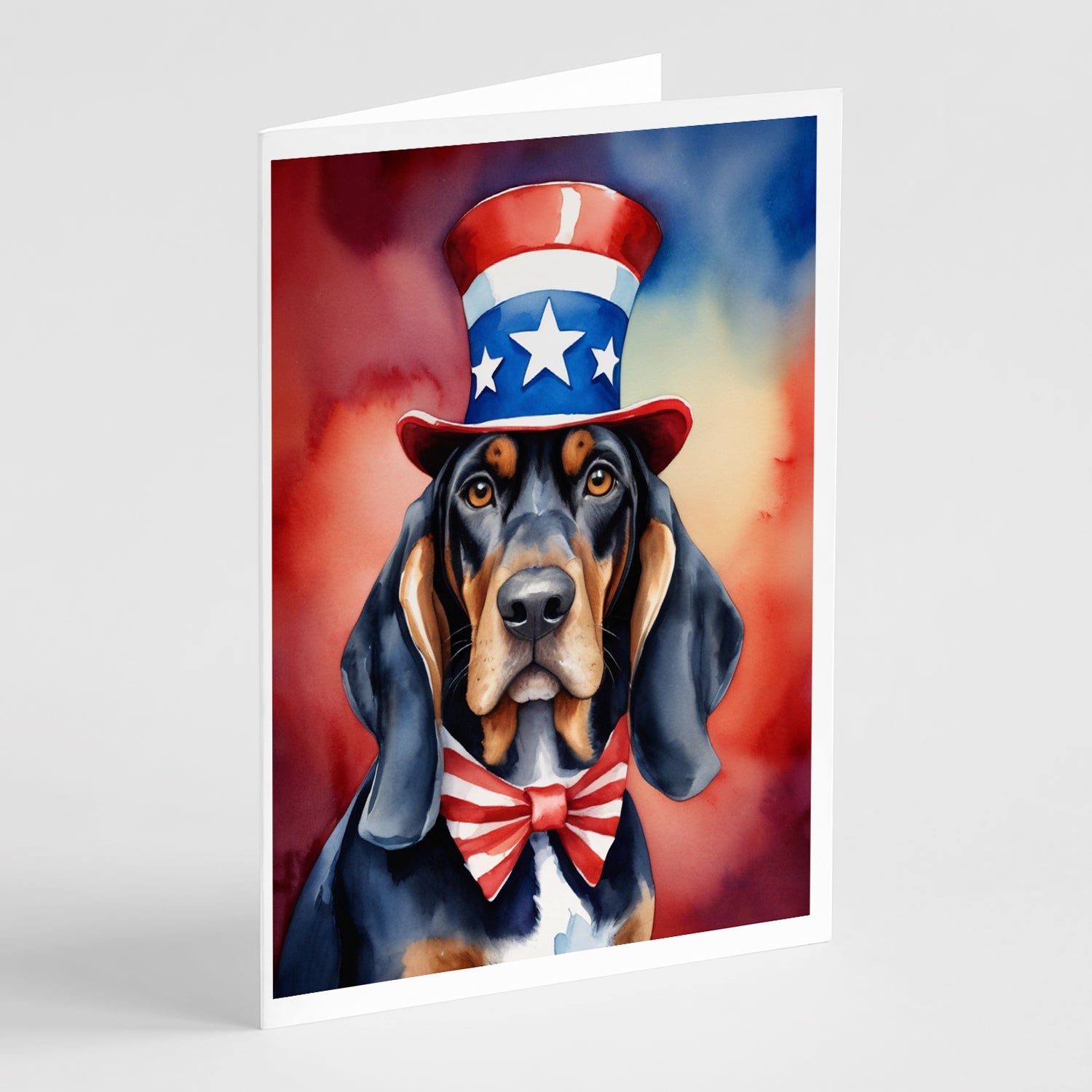 Black and Tan Coonhound Patriotic American Greeting Cards Pack of 8 Blank Cards with Envelopes Whimsical A7 Size 5x7