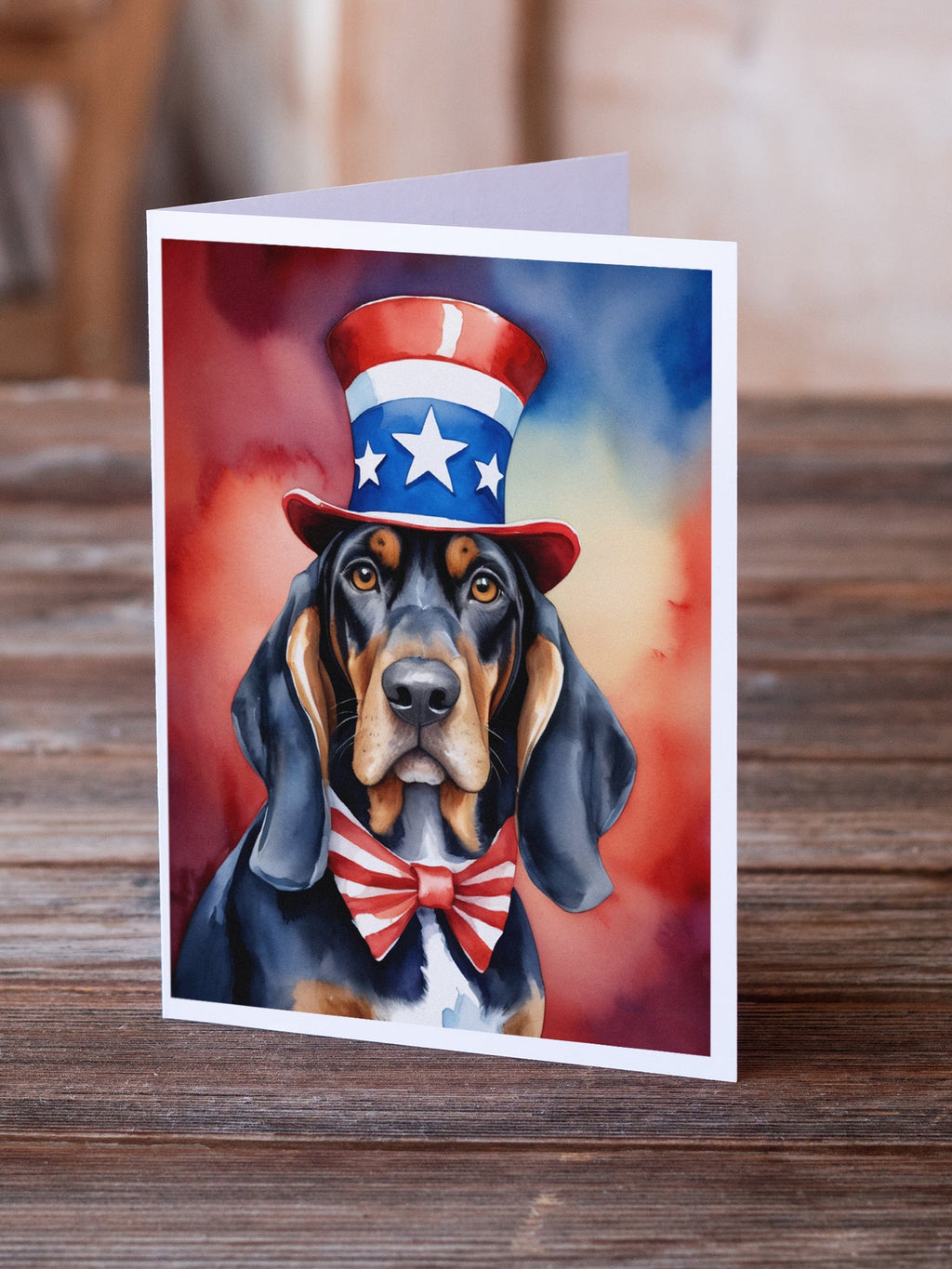 Black and Tan Coonhound Patriotic American Greeting Cards Pack of 8 Blank Cards with Envelopes Whimsical A7 Size 5x7