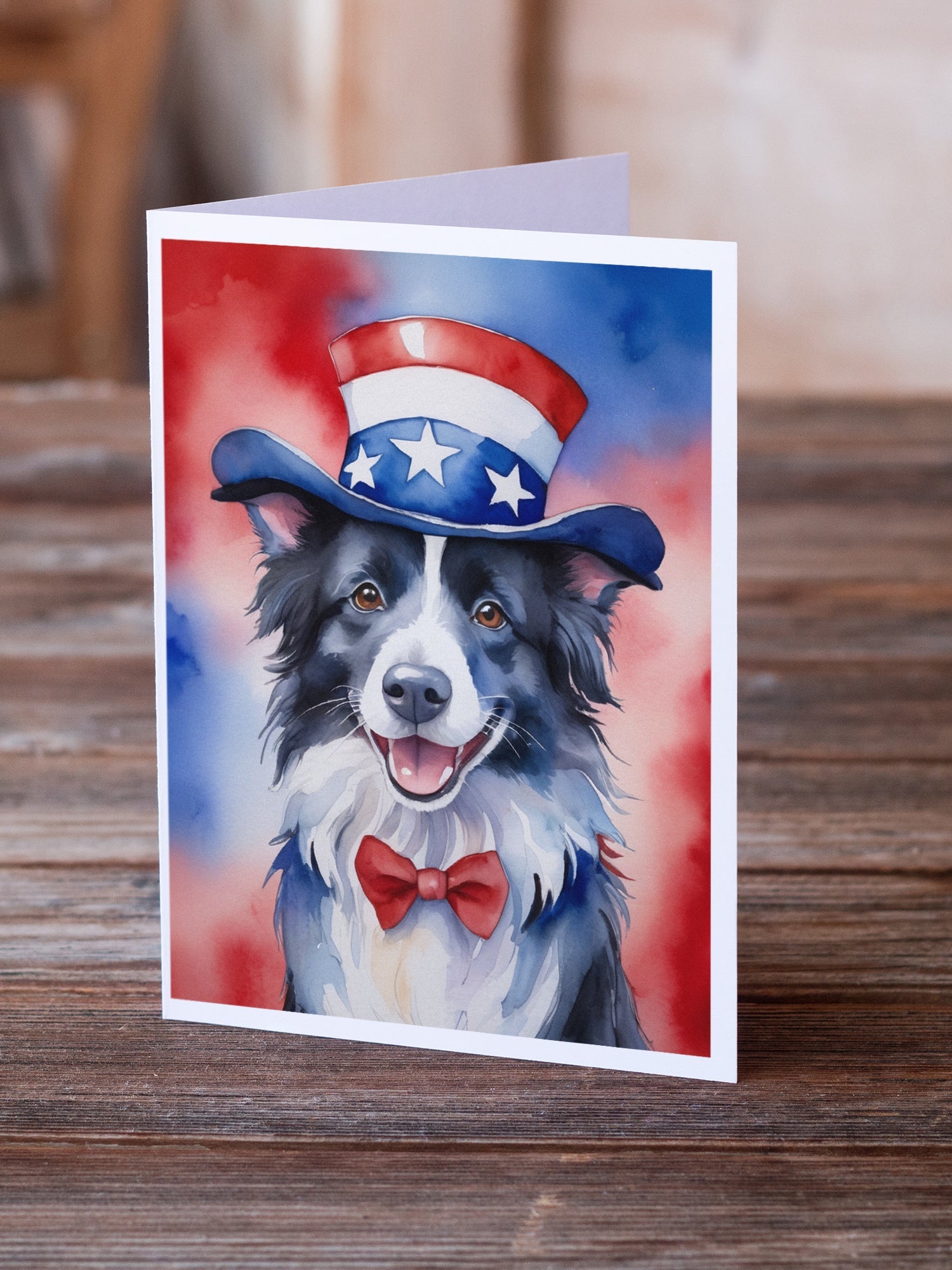 Border Collie Patriotic American Greeting Cards Pack of 8 Blank Cards with Envelopes Whimsical A7 Size 5x7