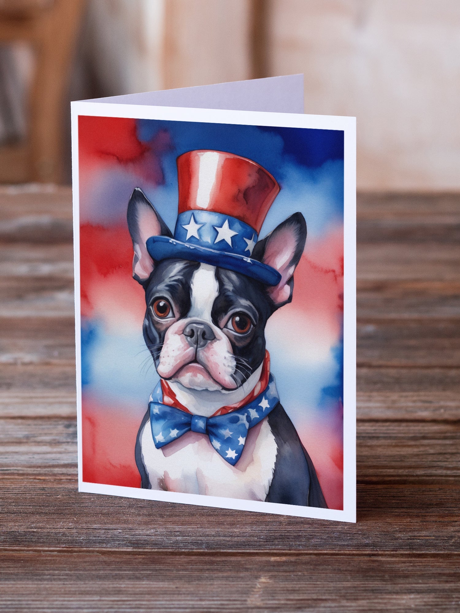 Boston Terrier Patriotic American Greeting Cards Pack of 8 Blank Cards with Envelopes Whimsical A7 Size 5x7