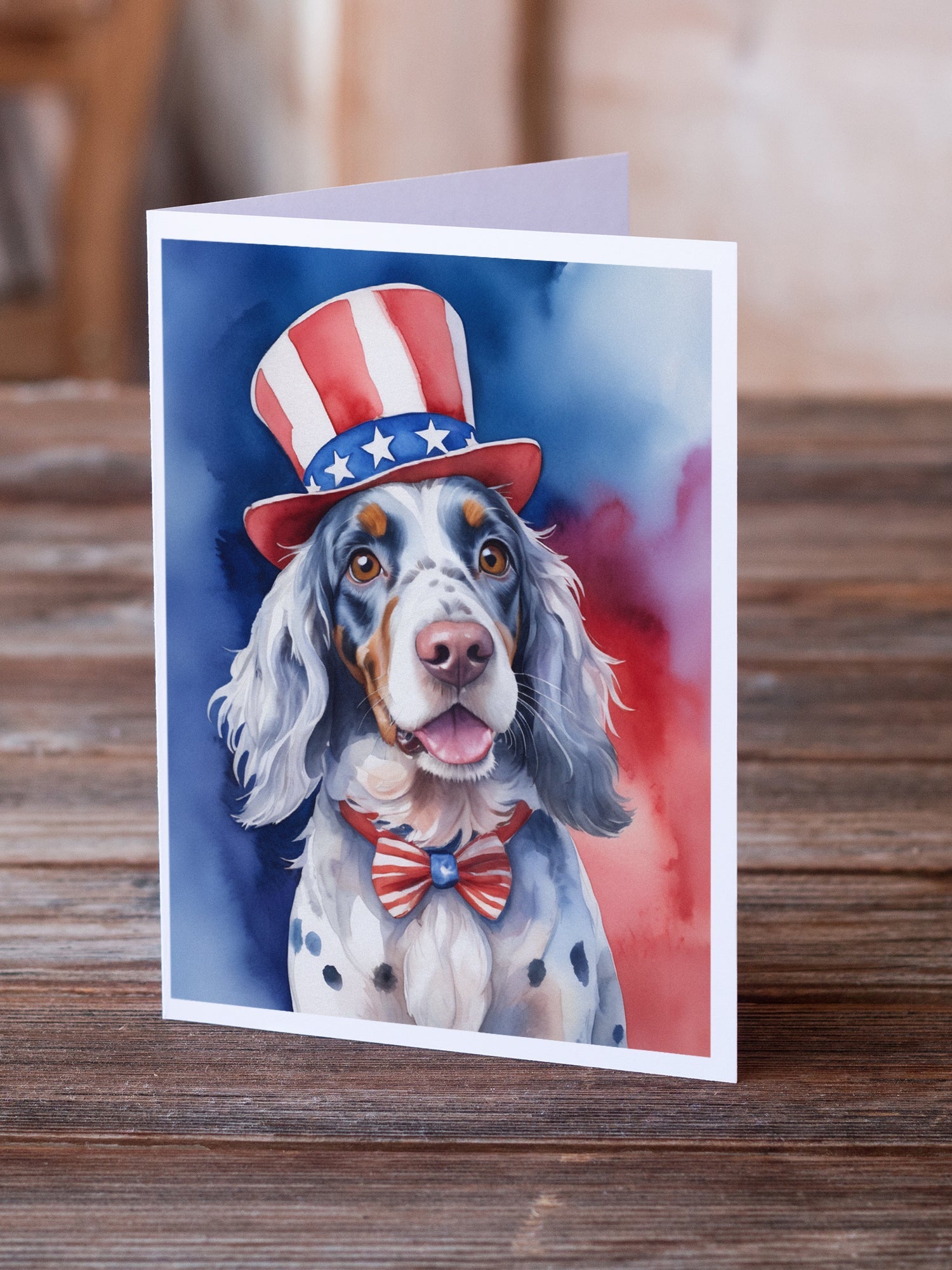 English Setter Patriotic American Greeting Cards Pack of 8 Blank Cards with Envelopes Whimsical A7 Size 5x7