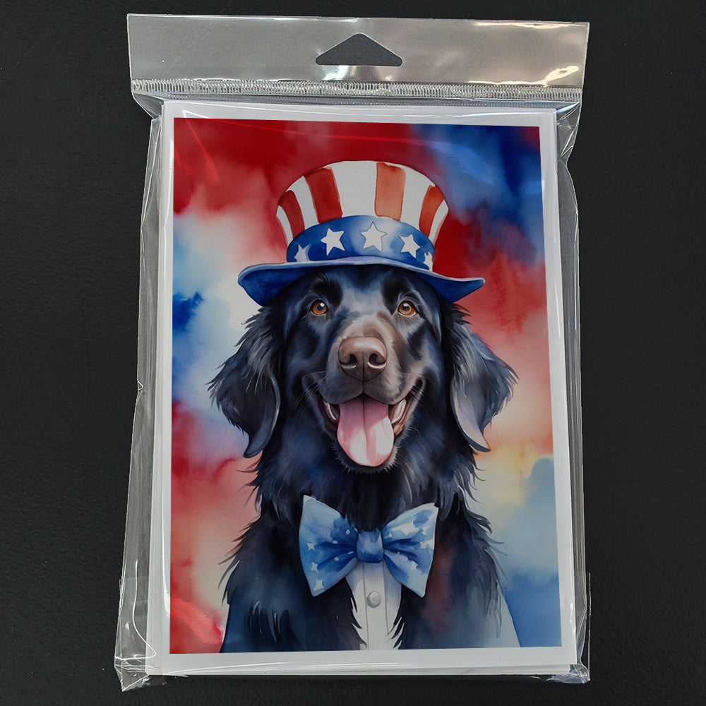 Flat-Coated Retriever Patriotic American Greeting Cards Pack of 8 Blank Cards with Envelopes Whimsical A7 Size 5x7