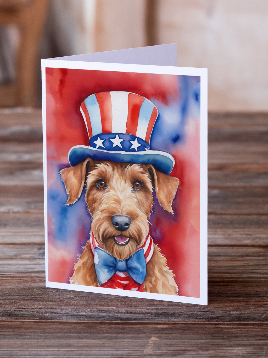 Irish Terrier Patriotic American Greeting Cards Pack of 8 Blank Cards with Envelopes Whimsical A7 Size 5x7
