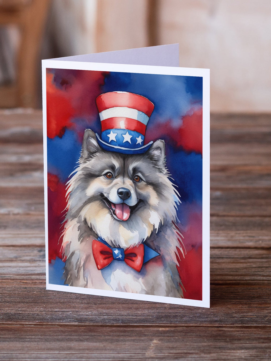 Keeshond Patriotic American Greeting Cards Pack of 8 Blank Cards with Envelopes Whimsical A7 Size 5x7