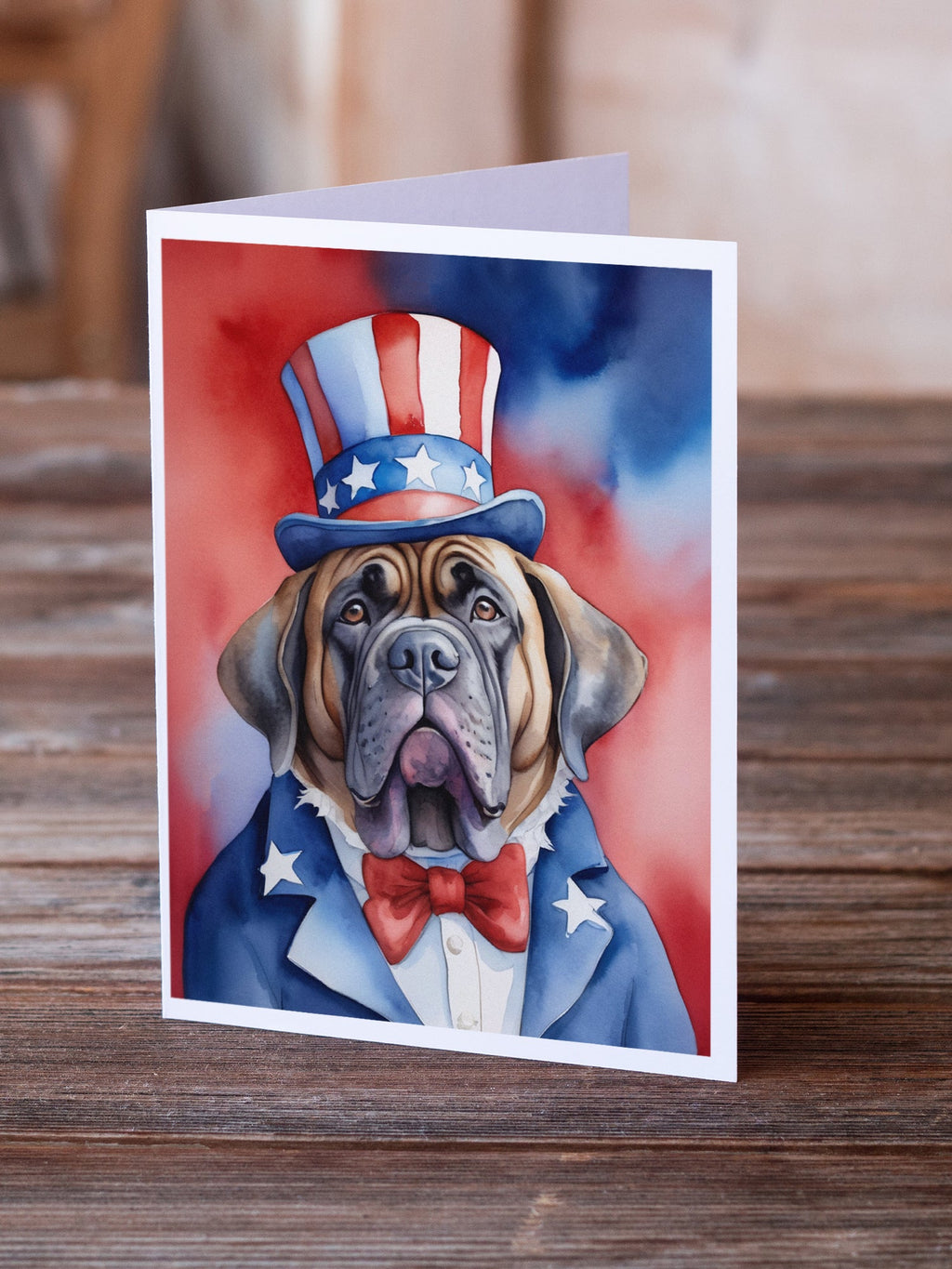 Mastiff Patriotic American Greeting Cards Pack of 8 Blank Cards with Envelopes Whimsical A7 Size 5x7