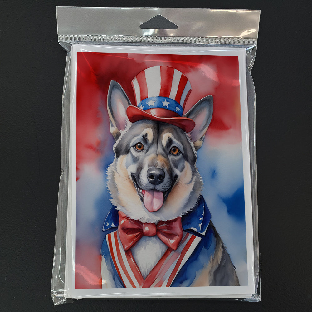 Norwegian Elkhound Patriotic American Greeting Cards Pack of 8 Blank Cards with Envelopes Whimsical A7 Size 5x7
