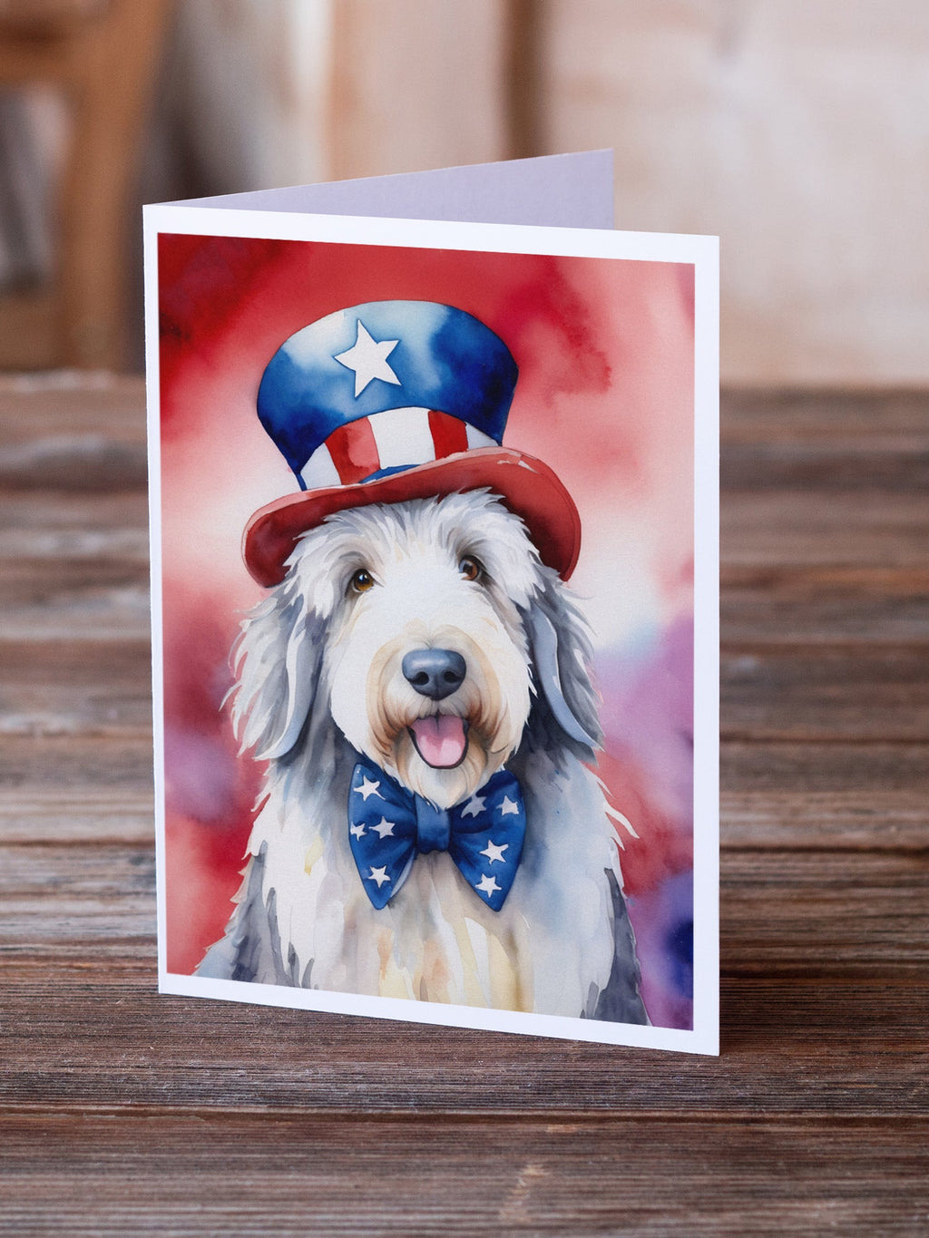 Old English Sheepdog Patriotic American Greeting Cards Pack of 8 Blank Cards with Envelopes Whimsical A7 Size 5x7