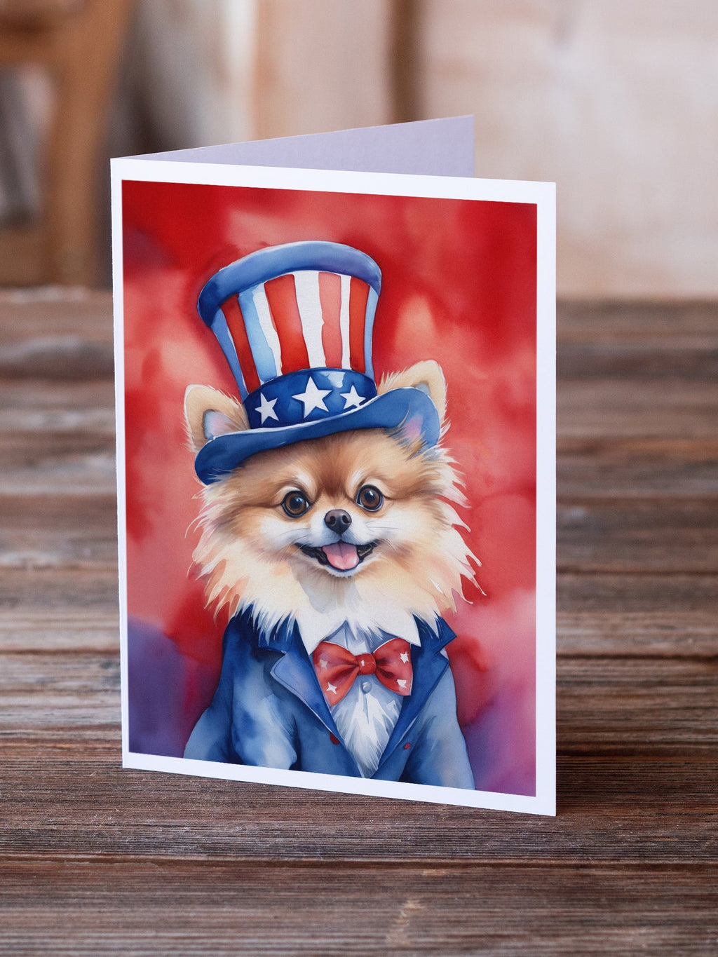 Pomeranian Patriotic American Greeting Cards Pack of 8 Blank Cards with Envelopes Whimsical A7 Size 5x7