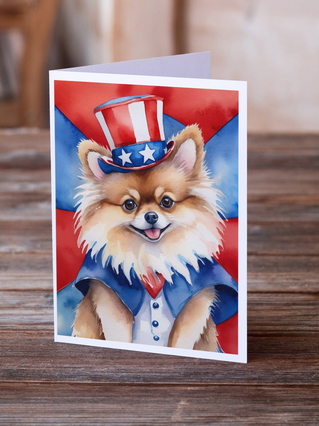 Pomeranian Patriotic American Greeting Cards Pack of 8 Blank Cards with Envelopes Whimsical A7 Size 5x7