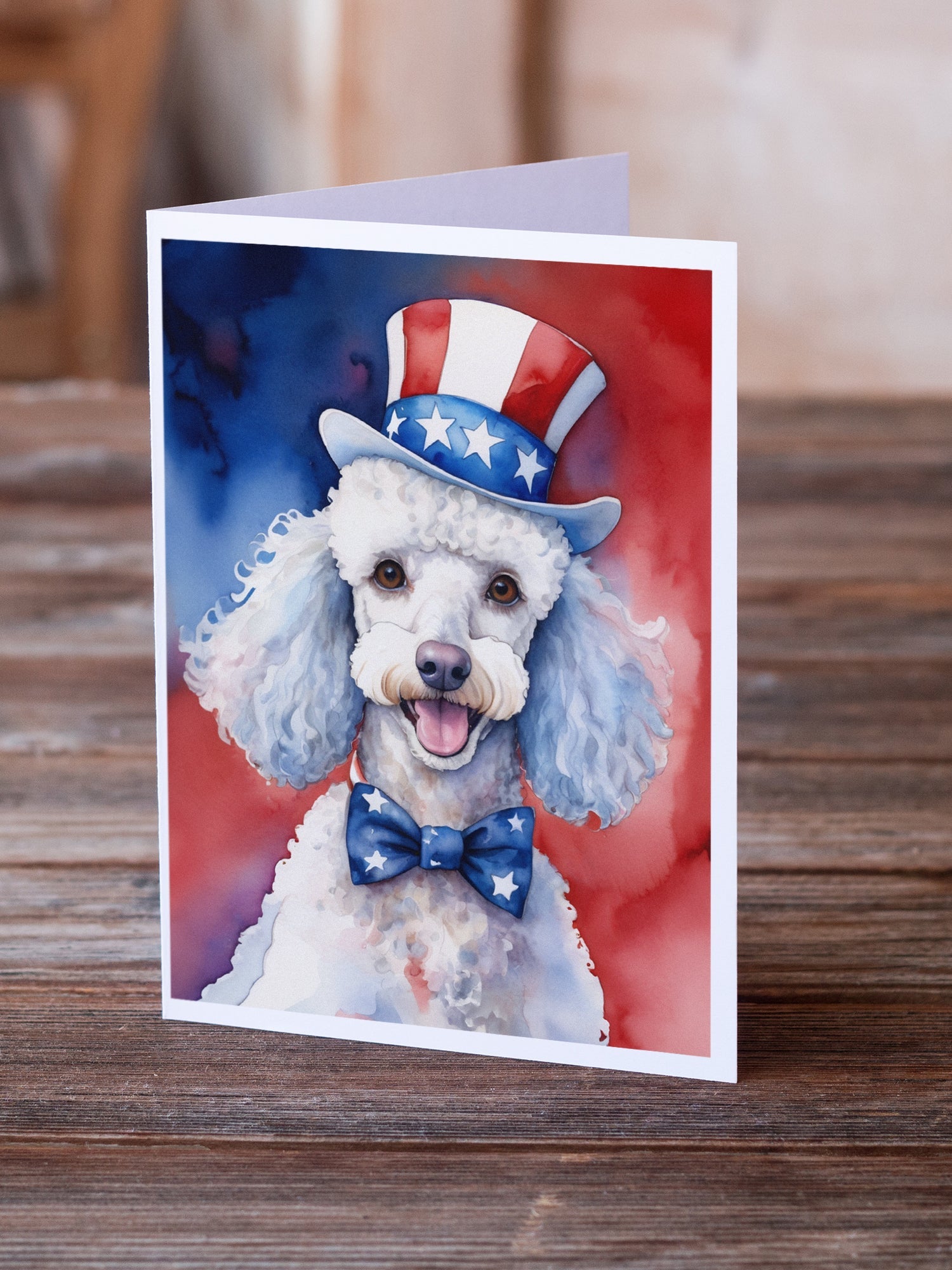 White Poodle Patriotic American Greeting Cards Pack of 8 Blank Cards with Envelopes Whimsical A7 Size 5x7