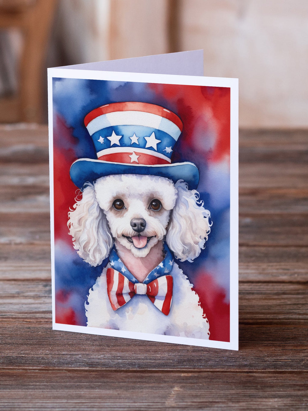 White Poodle Patriotic American Greeting Cards Pack of 8 Blank Cards with Envelopes Whimsical A7 Size 5x7