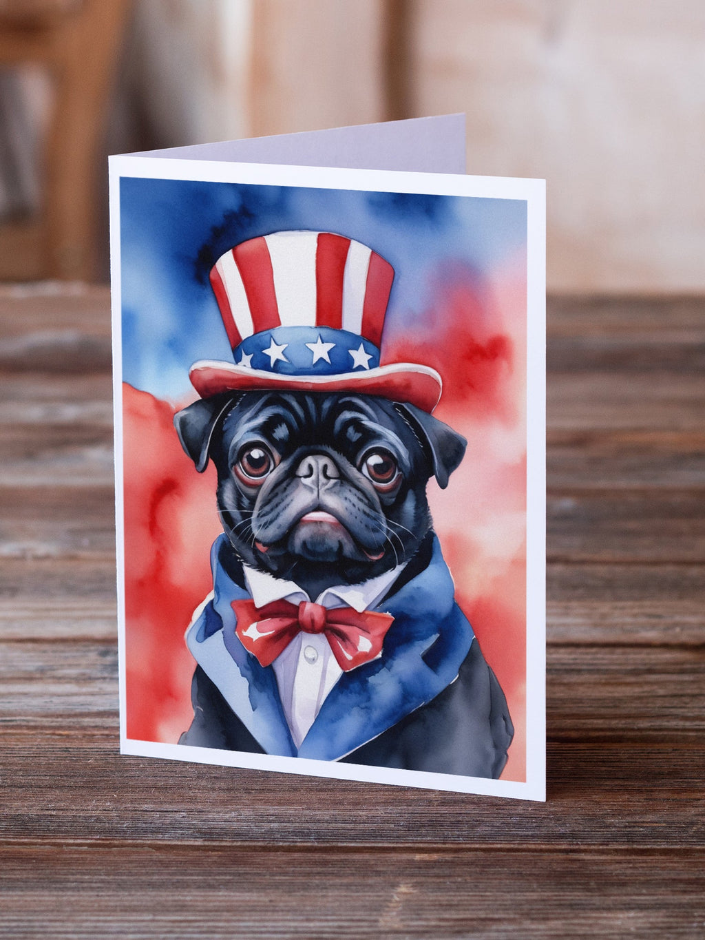 Pug Patriotic American Greeting Cards Pack of 8 Blank Cards with Envelopes Whimsical A7 Size 5x7