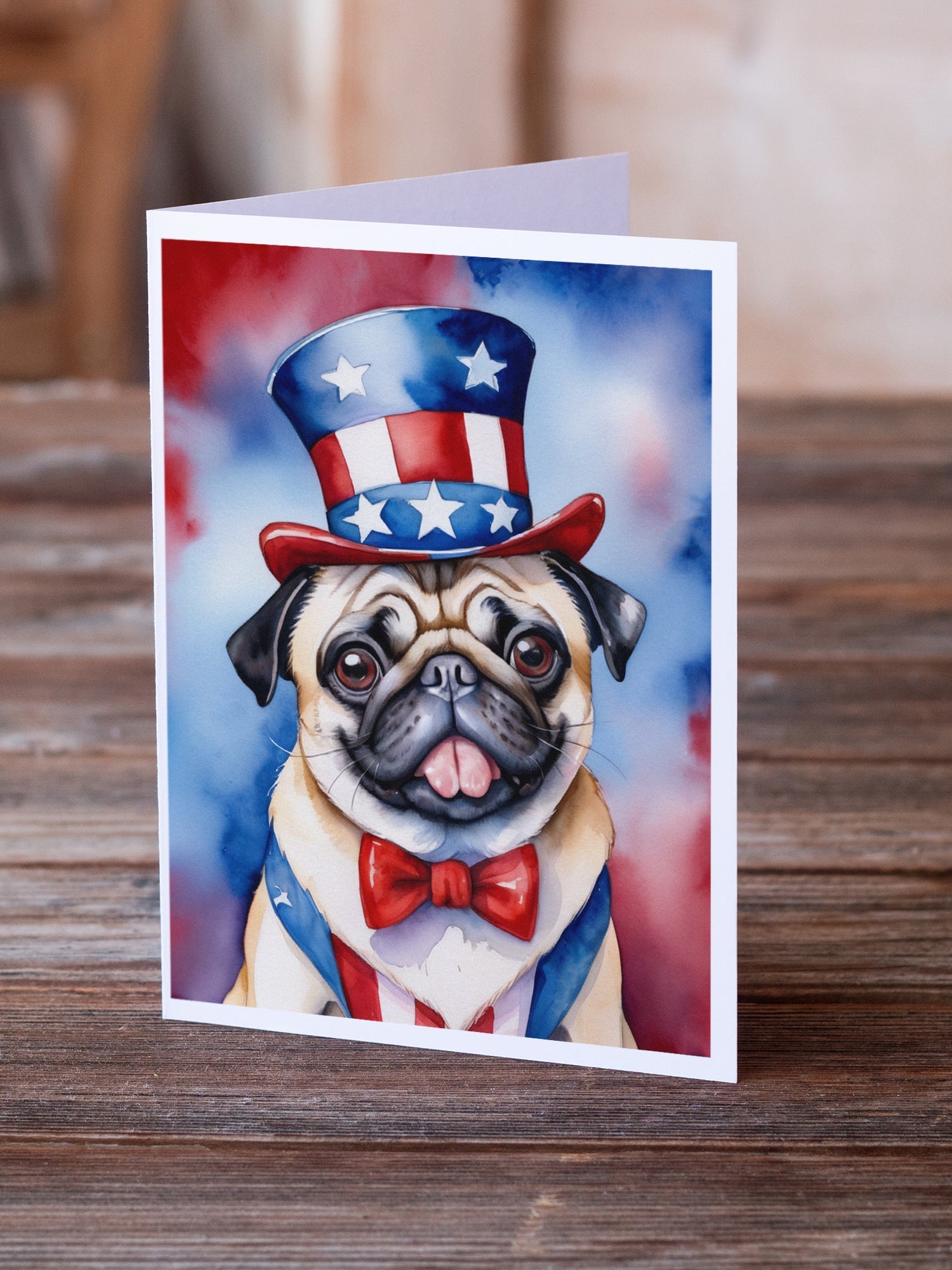 Pug Patriotic American Greeting Cards Pack of 8 Blank Cards with Envelopes Whimsical A7 Size 5x7