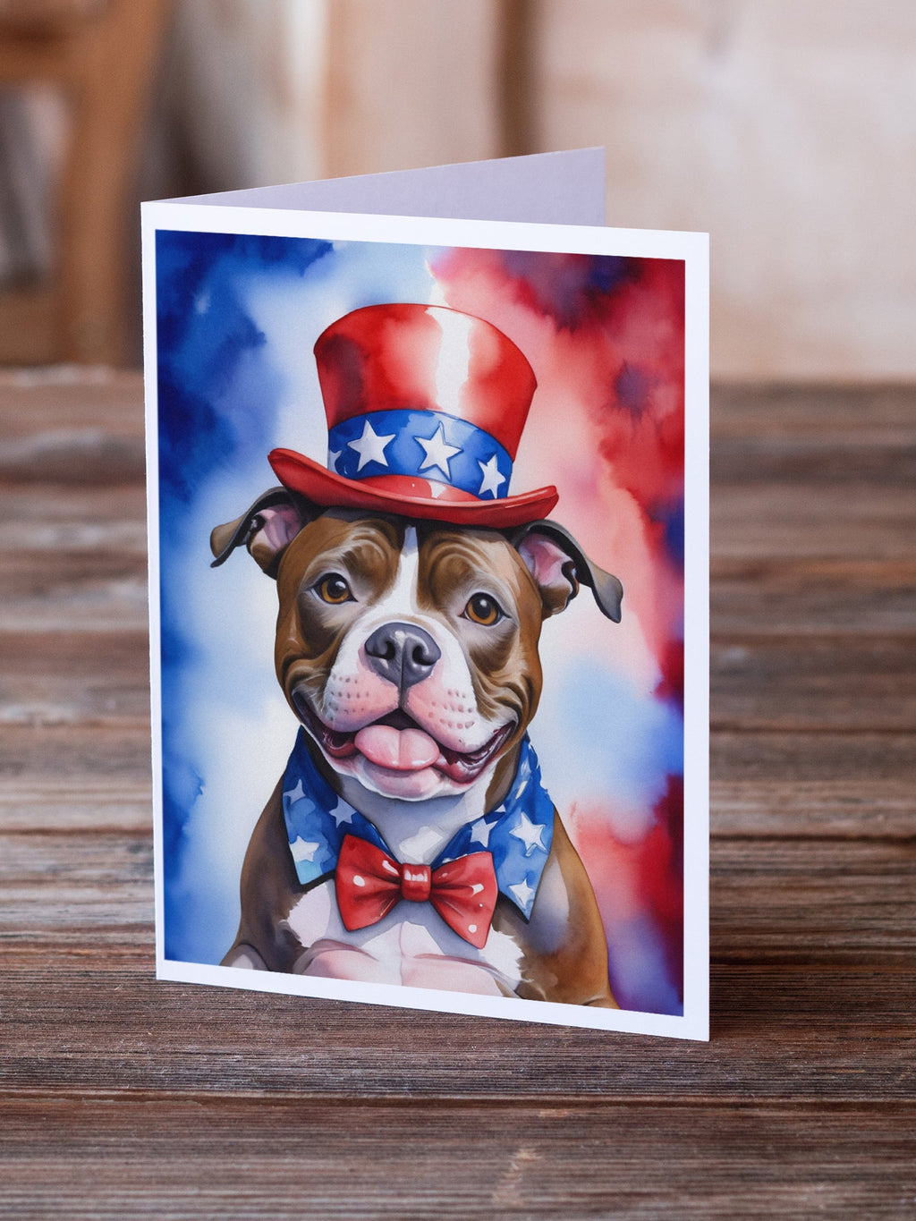 Staffordshire Bull Terrier Patriotic American Greeting Cards Pack of 8 Blank Cards with Envelopes Whimsical A7 Size 5x7