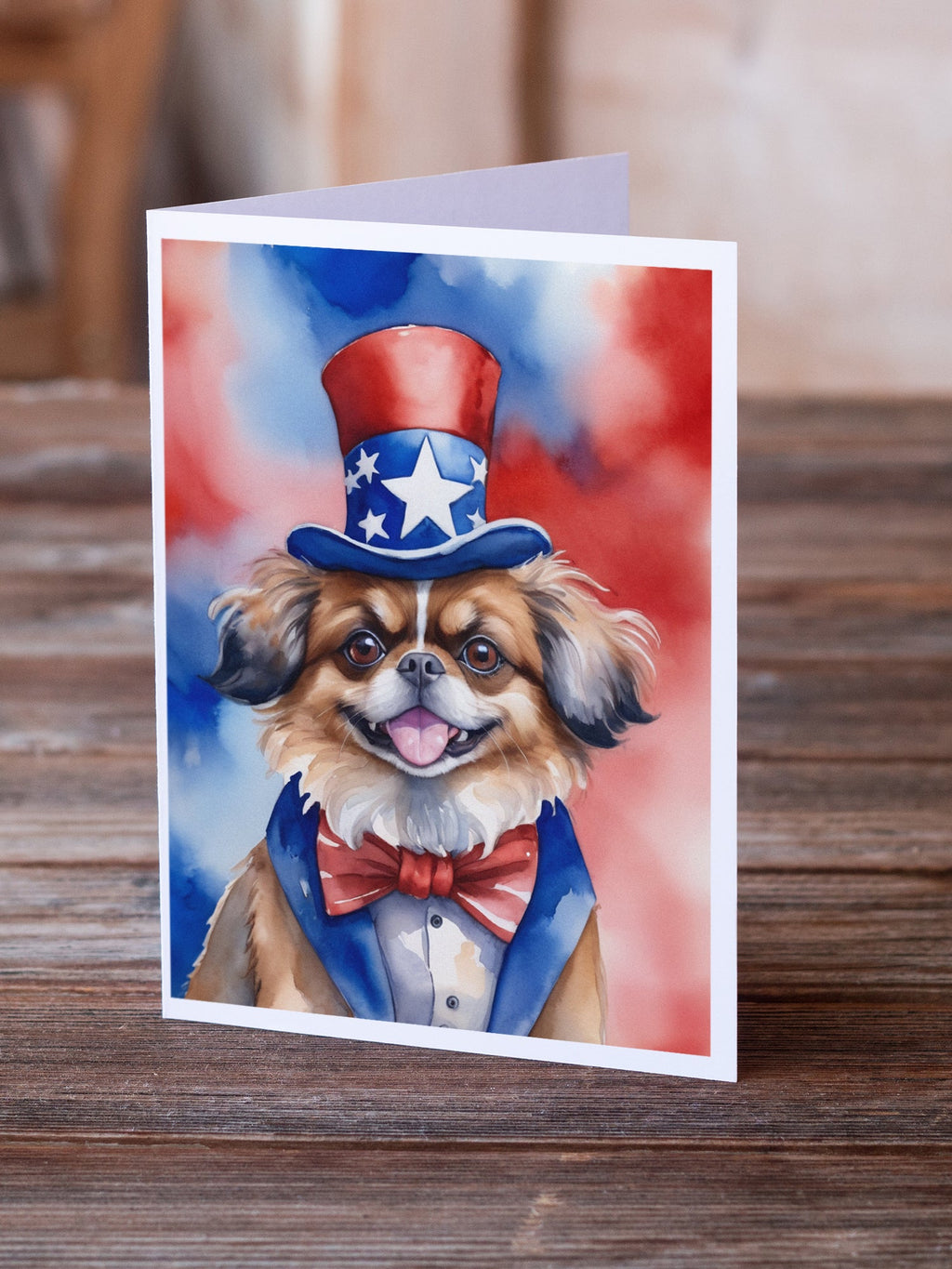 Tibetan Spaniel Patriotic American Greeting Cards Pack of 8 Blank Cards with Envelopes Whimsical A7 Size 5x7
