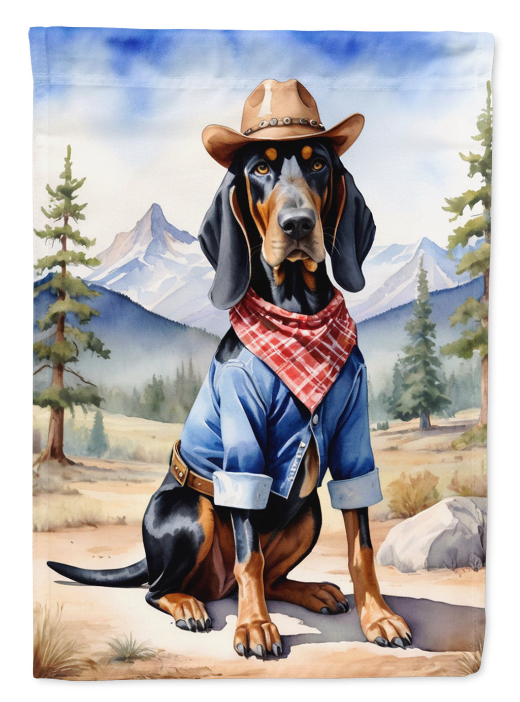 Black and Tan Coonhound Cowboy Welcome House Flag 28x40 Porch Sleeve Pole Decorative Outside Yard Banner Artwork Wall Hanging, Polyester