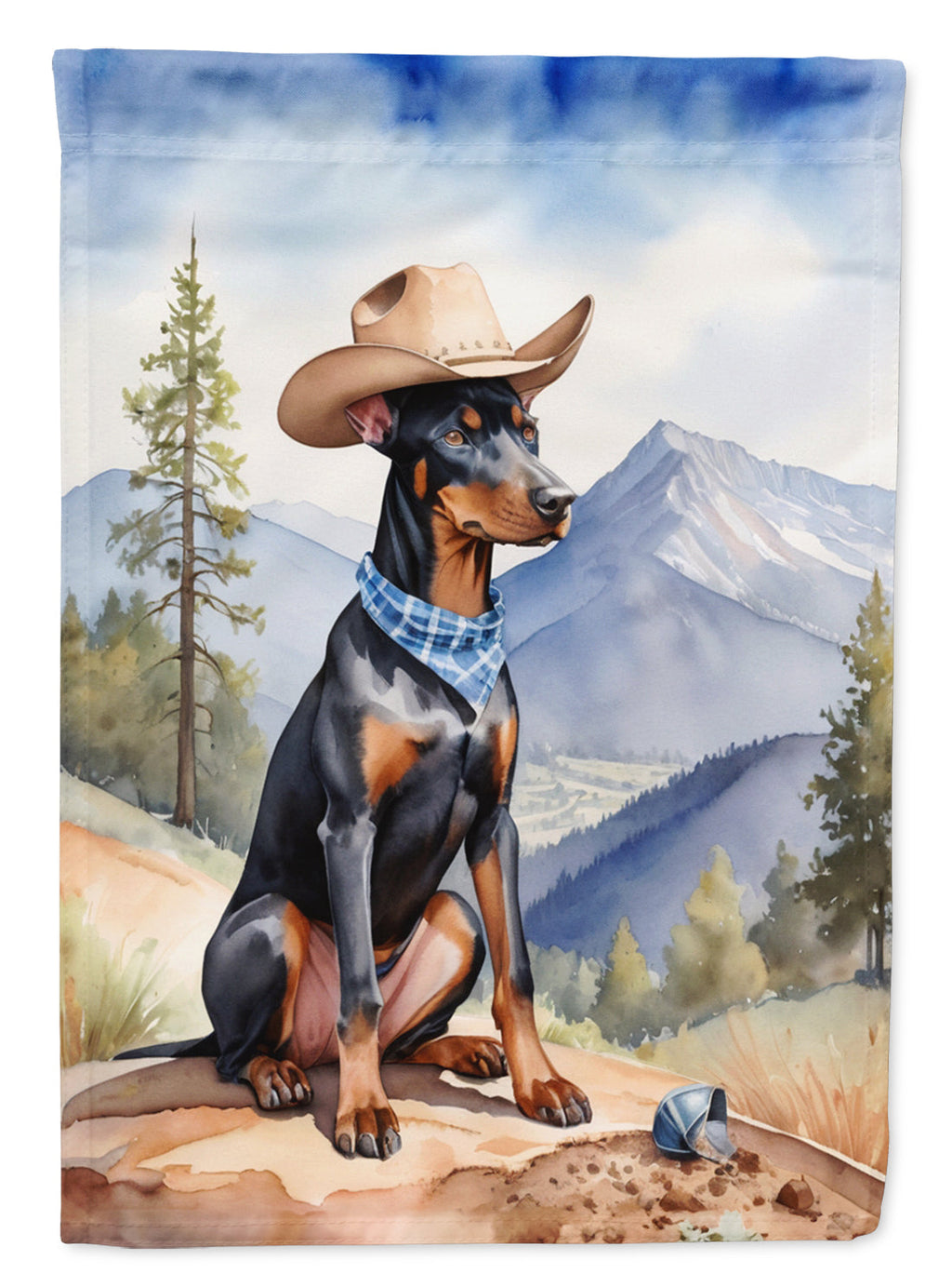 Doberman Pinscher Cowboy Welcome House Flag 28x40 Porch Sleeve Pole Decorative Outside Yard Banner Artwork Wall Hanging, Polyester