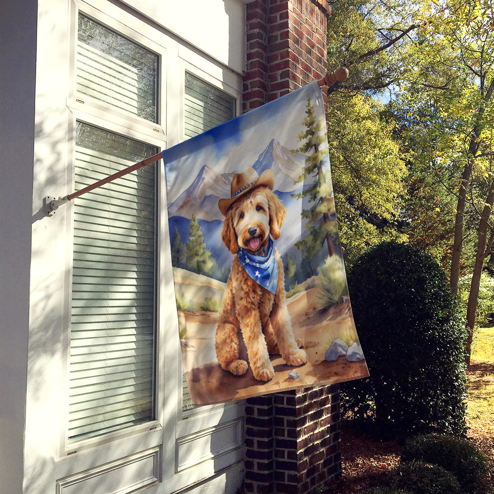 Goldendoodle Cowboy Welcome House Flag 28x40 Porch Sleeve Pole Decorative Outside Yard Banner Artwork Wall Hanging, Polyester