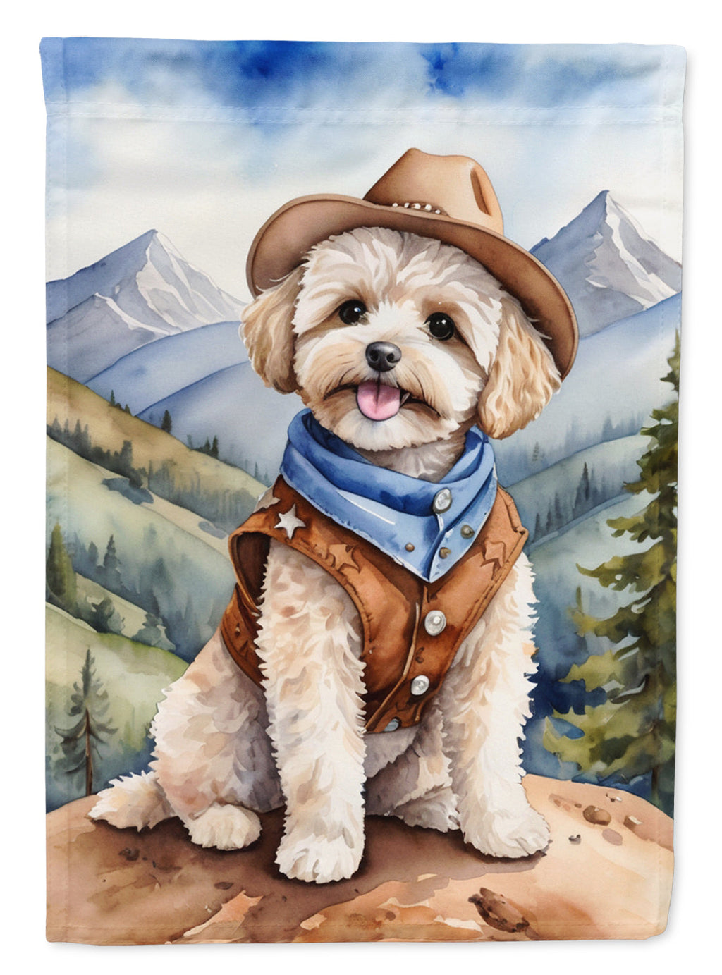 Maltipoo Cowboy Welcome House Flag 28x40 Porch Sleeve Pole Decorative Outside Yard Banner Artwork Wall Hanging, Polyester