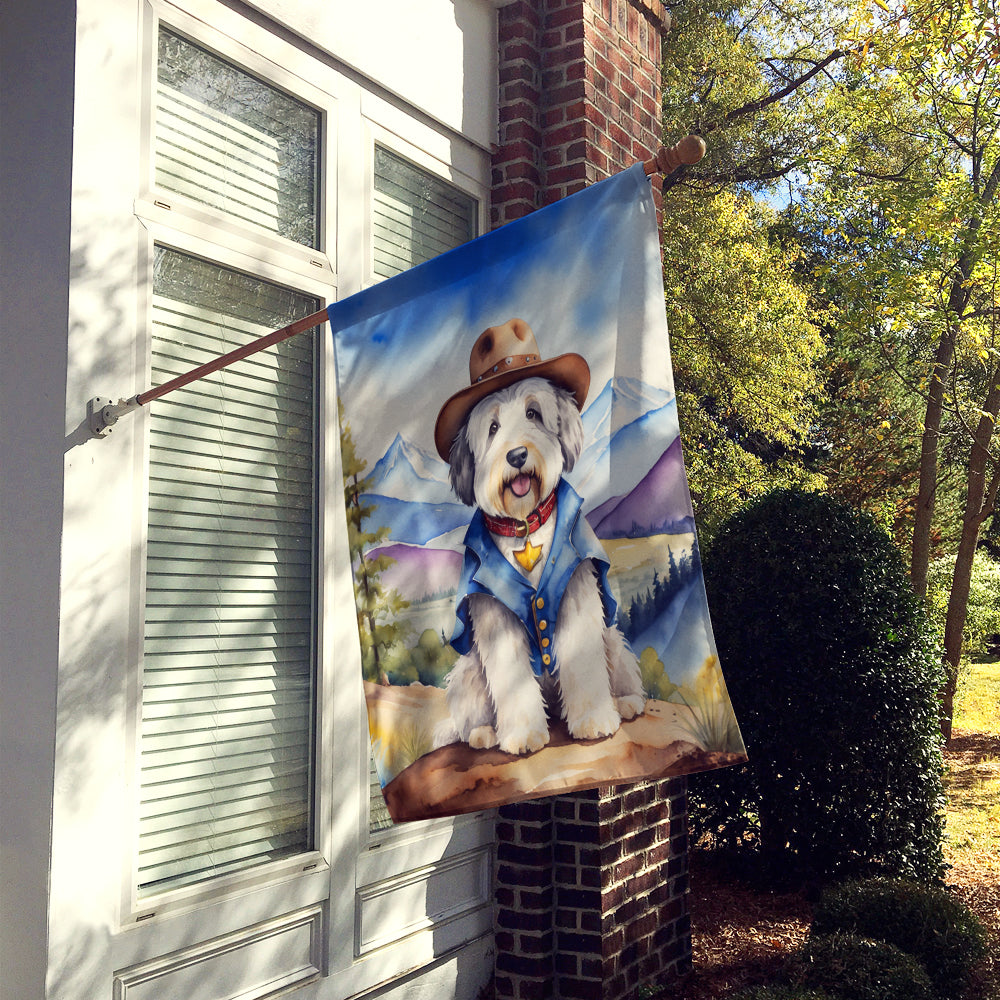 Old English Sheepdog Cowboy Welcome House Flag 28x40 Porch Sleeve Pole Decorative Outside Yard Banner Artwork Wall Hanging, Polyester