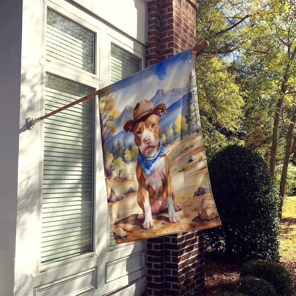 Pit Bull Terrier Cowboy Welcome House Flag 28x40 Porch Sleeve Pole Decorative Outside Yard Banner Artwork Wall Hanging, Polyester