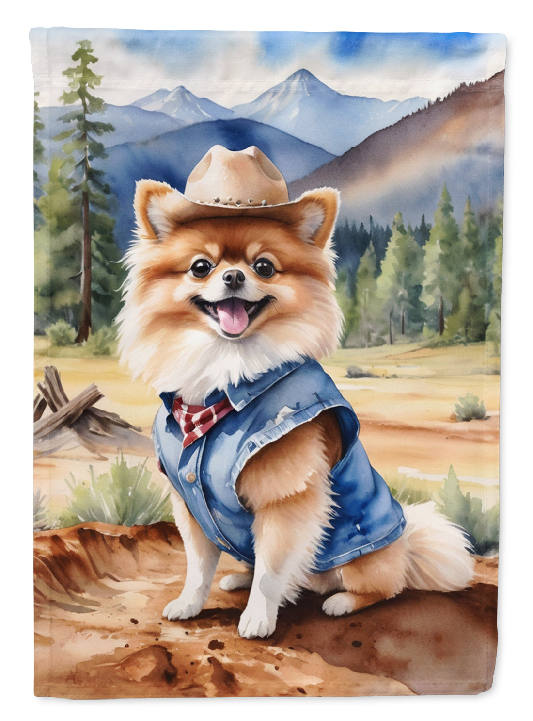 Pomeranian Cowboy Welcome House Flag 28x40 Porch Sleeve Pole Decorative Outside Yard Banner Artwork Wall Hanging, Polyester