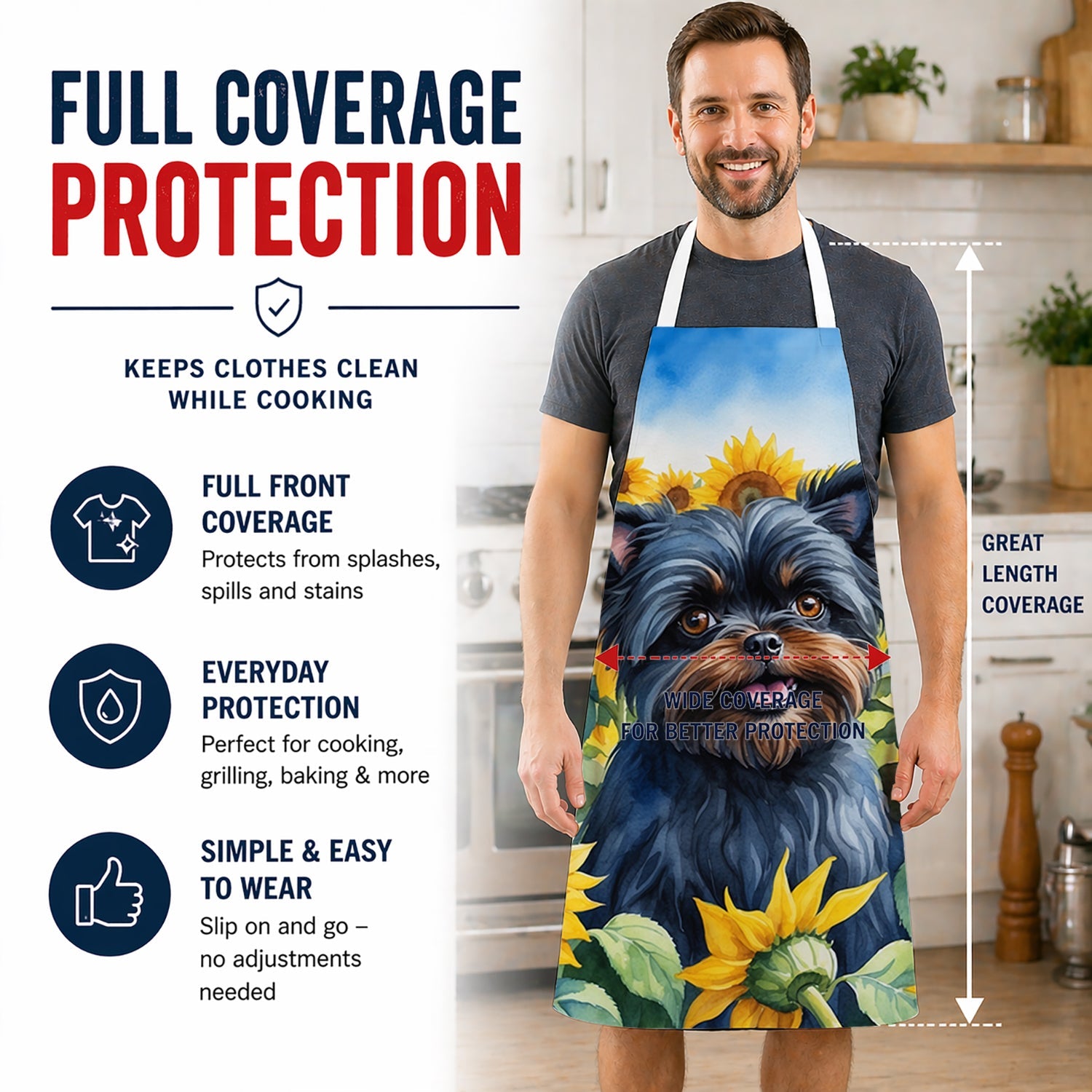 Affenpinscher in Sunflowers Apron Cooking Kitchen Server Baking Crafts Gardening for Adult Women Men, Unisex, Large, Multicolor