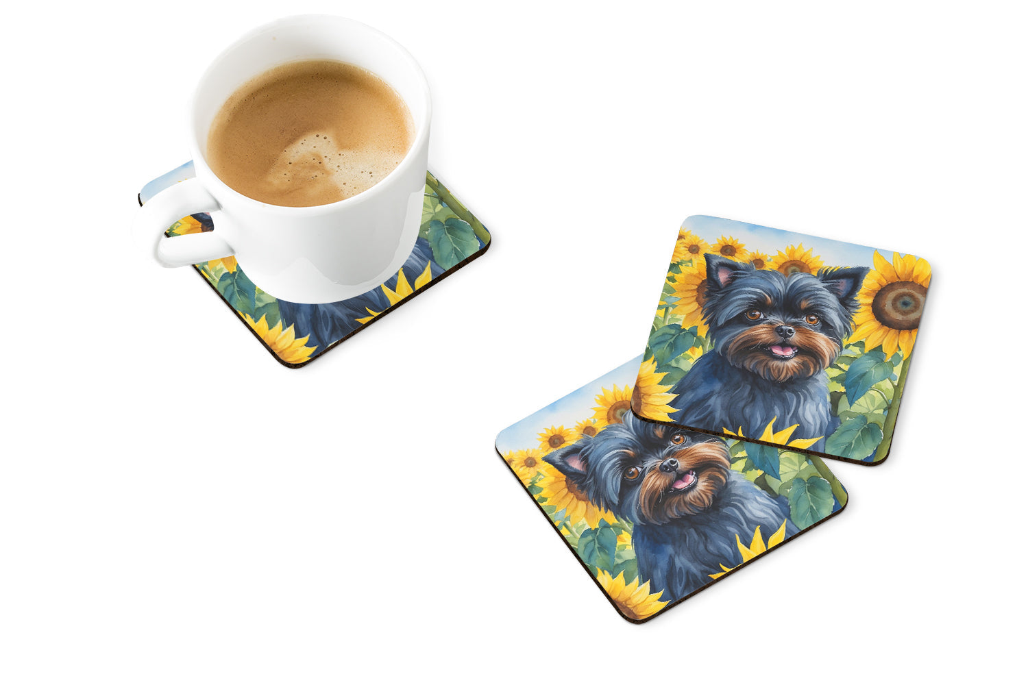 Affenpinscher in Sunflowers Foam Coasters Set of 4 Cup Coasters for Indoor Outdoor, Tabletop Protection, Anti Slip, Mouse pad Material