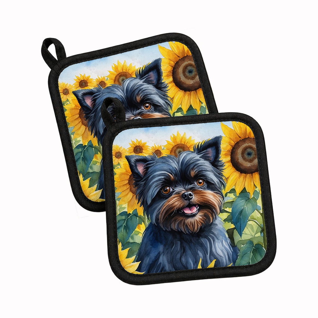 Affenpinscher in Sunflowers Pot Holder Set of 2 Heat Resistant Quilted Hot Pads 7.5 x 7.5 Inch, Insulated Kitchen Trivets for Cooking & Baking