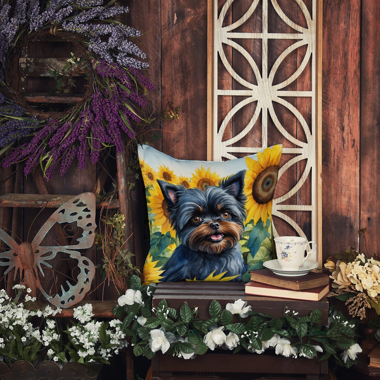 Affenpinscher in Sunflowers Decorative Throw Pillow 14x14 Indoor Outdoor Accent Cushion, Fabric Cover with Insert for Sofa, Bed, Porch & Living Room