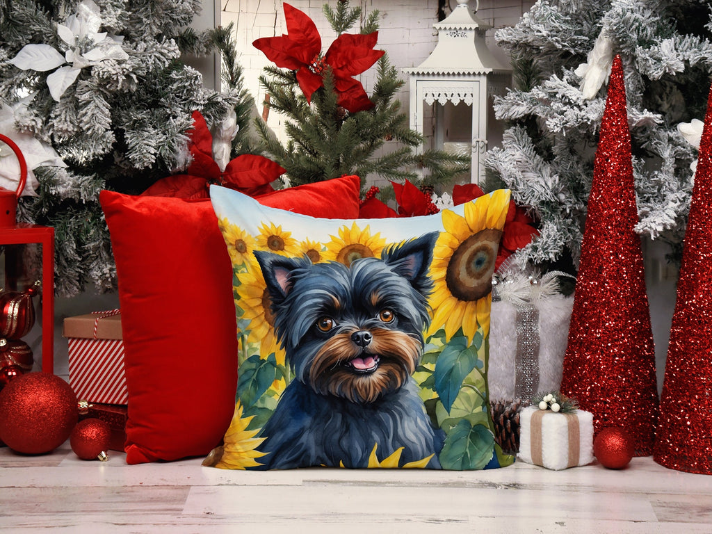 Affenpinscher in Sunflowers Decorative Throw Pillow 14x14 Indoor Outdoor Accent Cushion, Fabric Cover with Insert for Sofa, Bed, Porch & Living Room