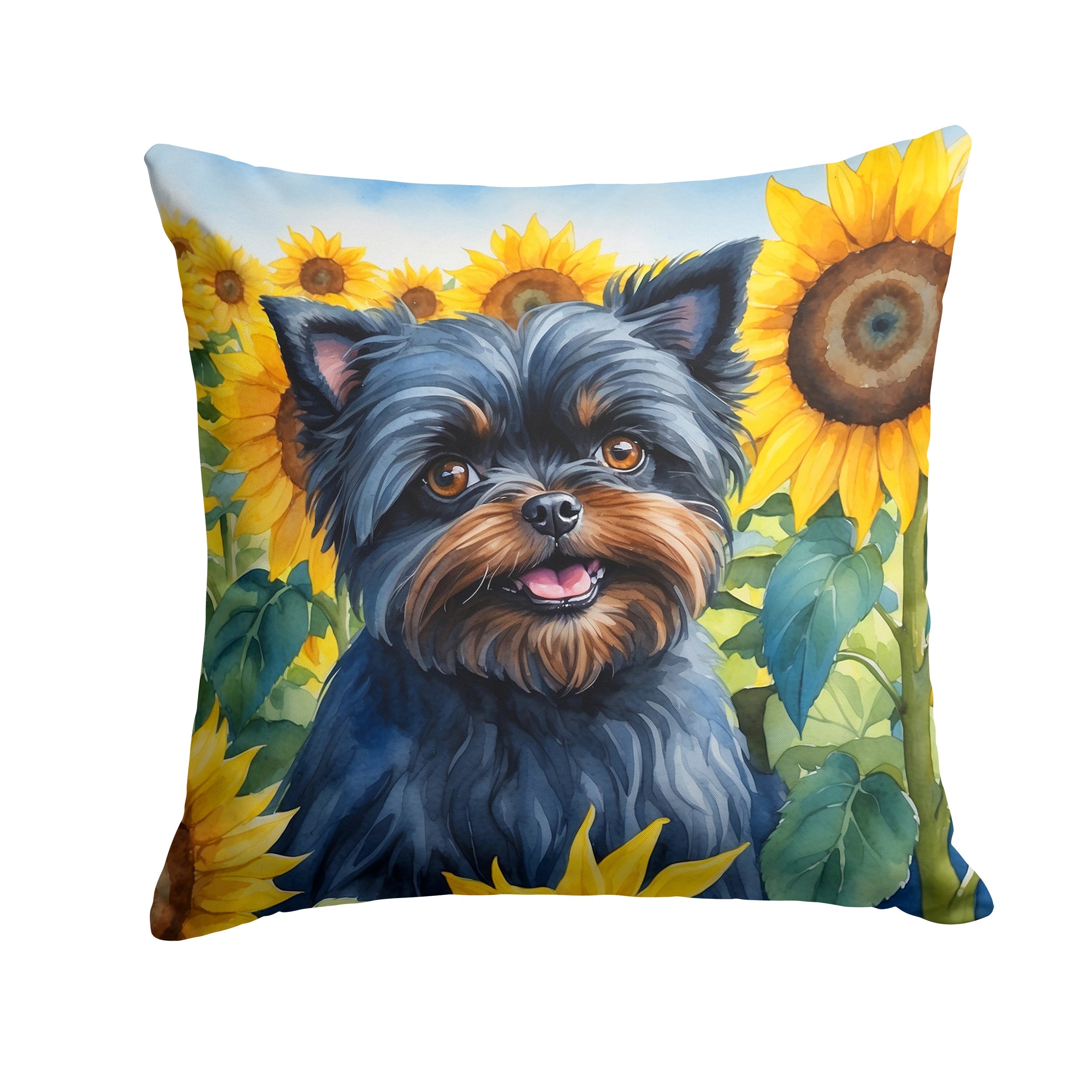 Affenpinscher in Sunflowers Decorative Throw Pillow 18x18 Indoor Outdoor Accent Cushion, Fabric Cover with Insert for Sofa, Bed, Porch & Living Room