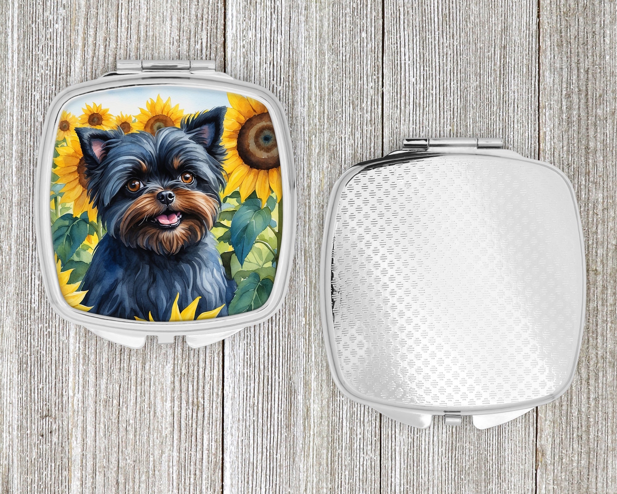 Affenpinscher in Sunflowers Compact Mirror Decorative Travel Makeup Mirror for Women Girls Gifts Pocket Makeup Mirror Folding Handheld