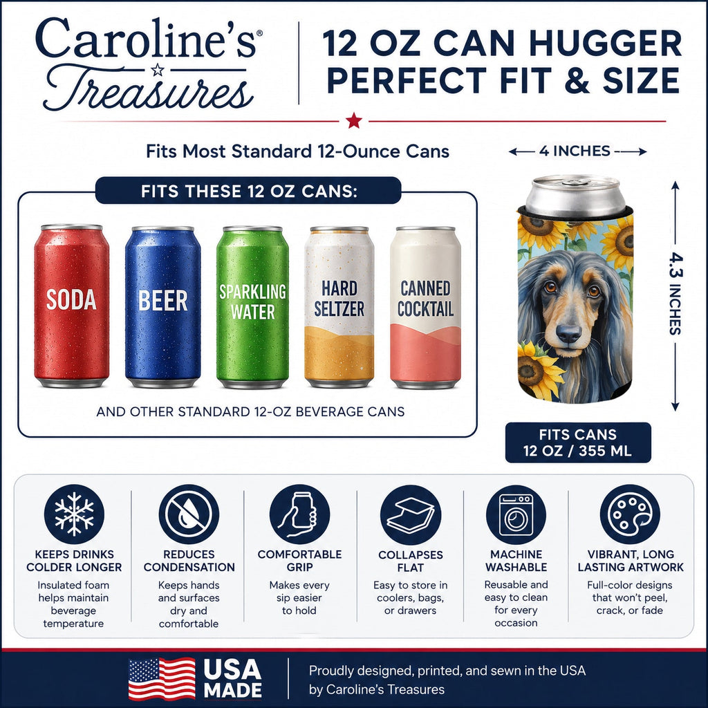 Afghan Hound in Sunflowers Can or Bottle Hugger Cooler Sleeve for Standard 12 oz Cans, Insulated Foam Beer & Soda Can Hugger Reusable