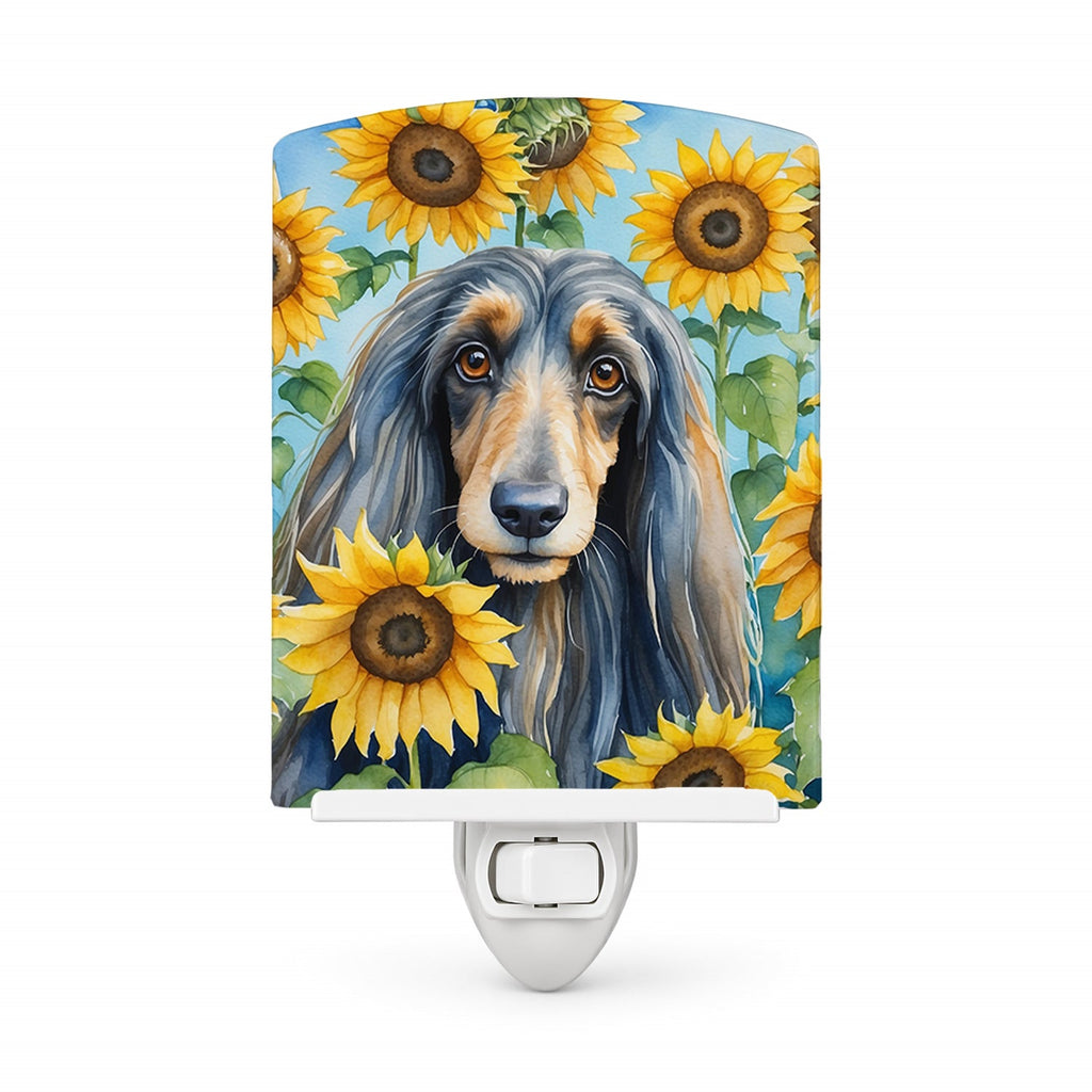Afghan Hound in Sunflowers Ceramic Night Light Compact, UL-Certified, Ideal for Bedroom, Bathroom, Nursery, Hallway, Kitchen, 6x4x3, Multicolor