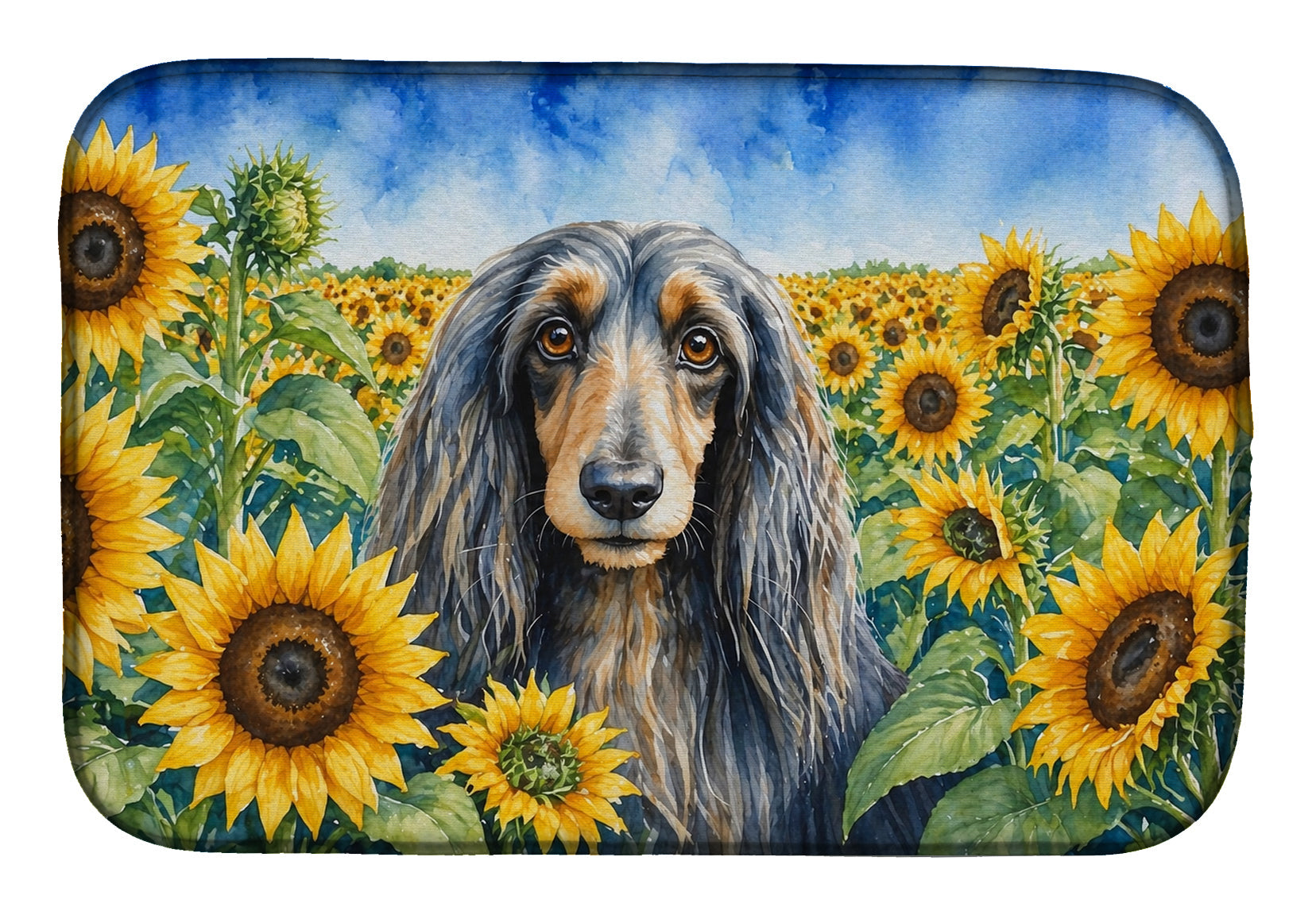 Afghan Hound in Sunflowers Dish Drying Mat Absorbent Dish Drying Mat Pad for Kitchen Counter Dish Drainer Mat for Countertop, 14 x 21", Multicolor
