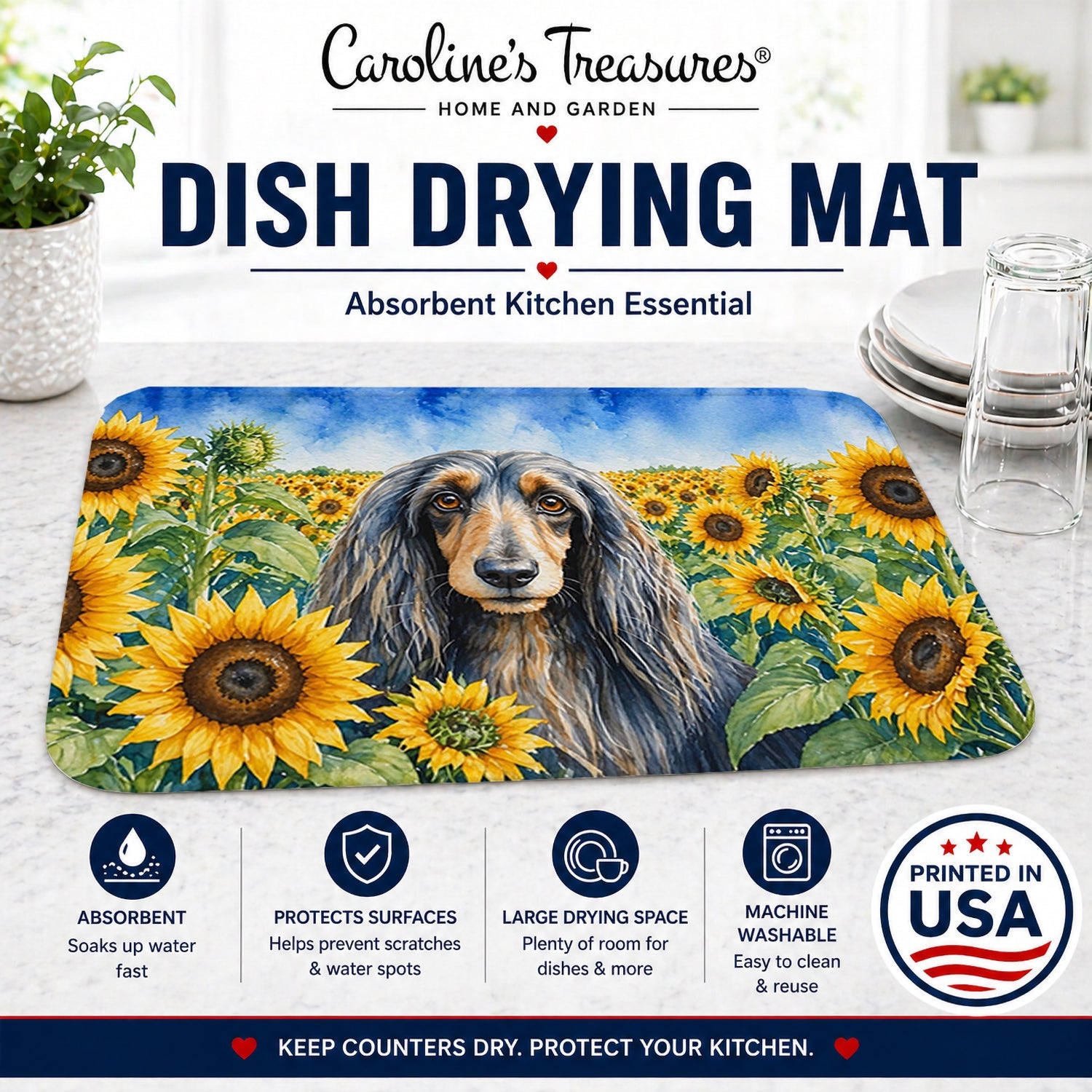 Afghan Hound in Sunflowers Dish Drying Mat Absorbent Dish Drying Mat Pad for Kitchen Counter Dish Drainer Mat for Countertop, 14 x 21", Multicolor