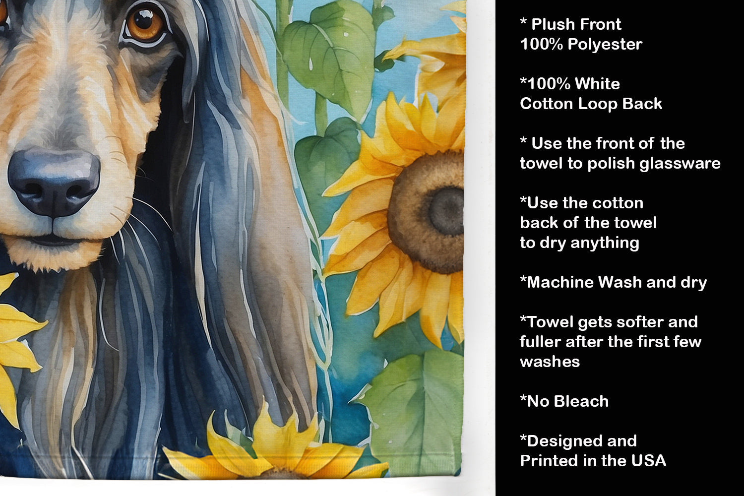 Afghan Hound in Sunflowers Kitchen Towel Velour Plush Front and Cotton Loop Back Machine Washable