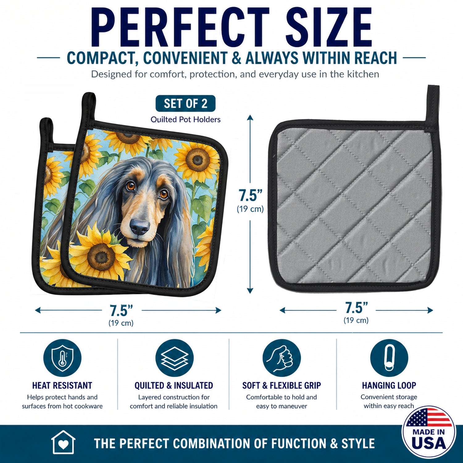 Afghan Hound in Sunflowers Pot Holder Set of 2 Heat Resistant Quilted Hot Pads 7.5 x 7.5 Inch, Insulated Kitchen Trivets for Cooking & Baking