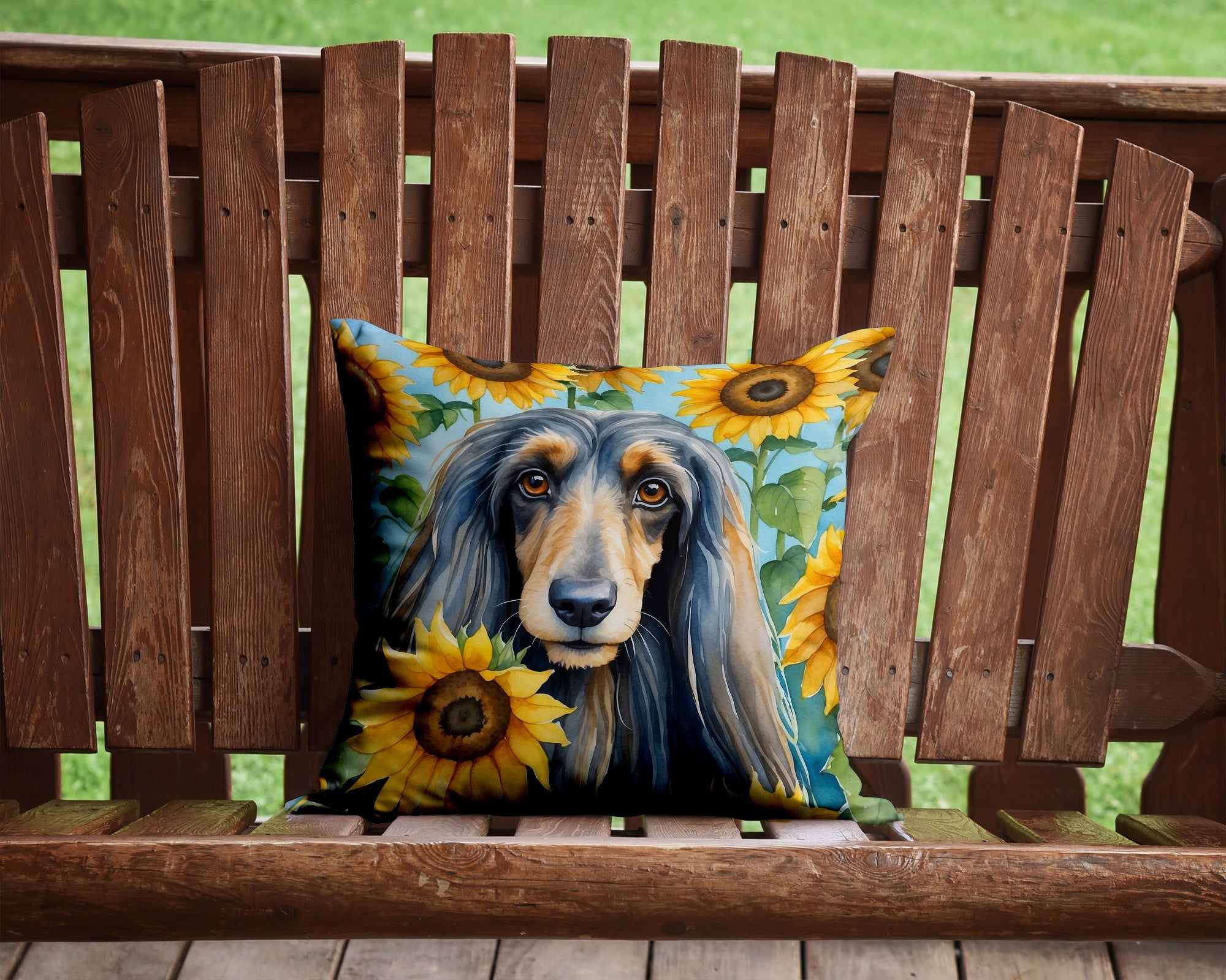 Afghan Hound in Sunflowers Decorative Throw Pillow 14x14 Indoor Outdoor Accent Cushion, Fabric Cover with Insert for Sofa, Bed, Porch & Living Room