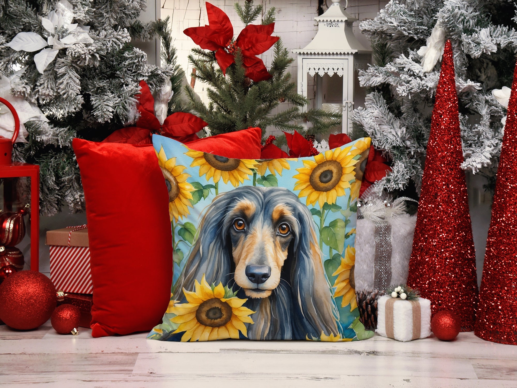 Afghan Hound in Sunflowers Decorative Throw Pillow 14x14 Indoor Outdoor Accent Cushion, Fabric Cover with Insert for Sofa, Bed, Porch & Living Room